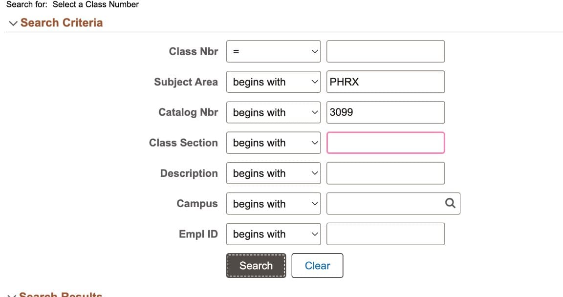 Screenshot of Student Admin Select a Class Number